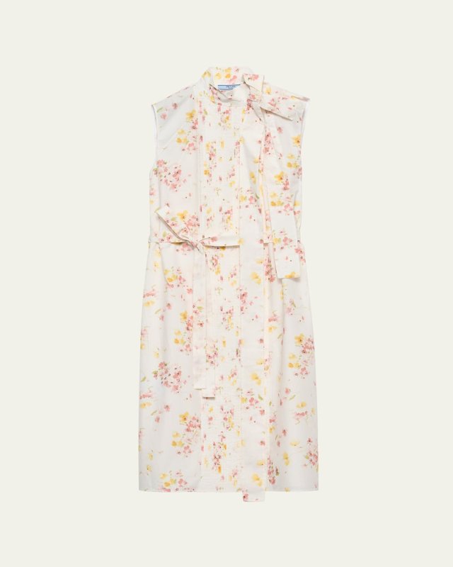Bouquet-Print Sleeveless Poplin Dress